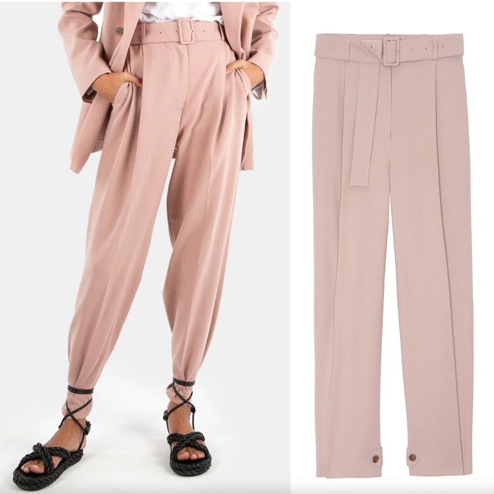 The Frankie Shop Elvira Blush Pink High Waist Pleated Belted SUIT PANTS - L